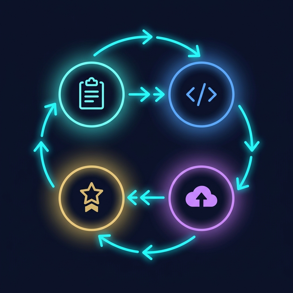 4-step competition workflow: Brief, Build, Submit, Review